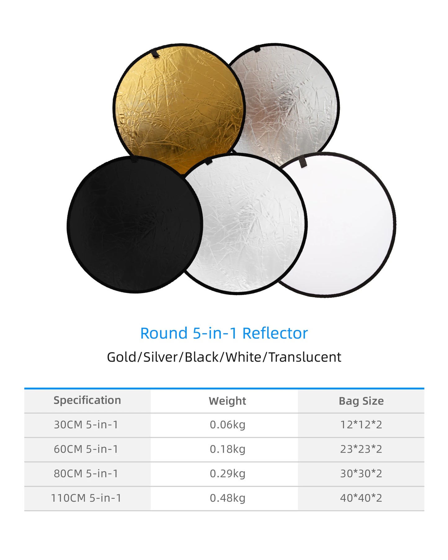 Clearance_RF01 24" Reflector 5in1 30CM 60CM 80CM 110CM Silver White Gold Portable Collapsible Soft Light Round Photography for S