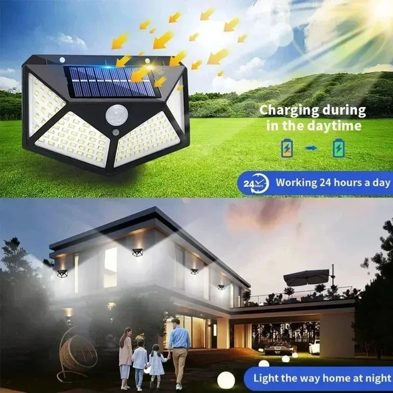 Smart Solar LED Wall Lights 100 LED Motion Sensor Outdoor Waterproof,Solar Charging Security Wall Lamp,Courtyard Garden Fence