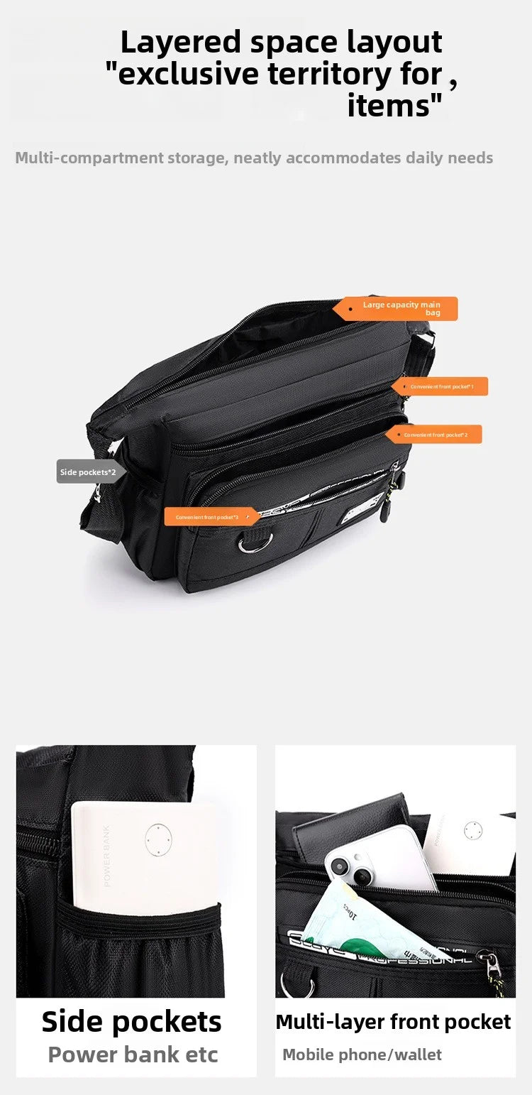 Men's cross-body bag with multi-layered pockets, adjustable shoulder strap, business single-shoulder bag