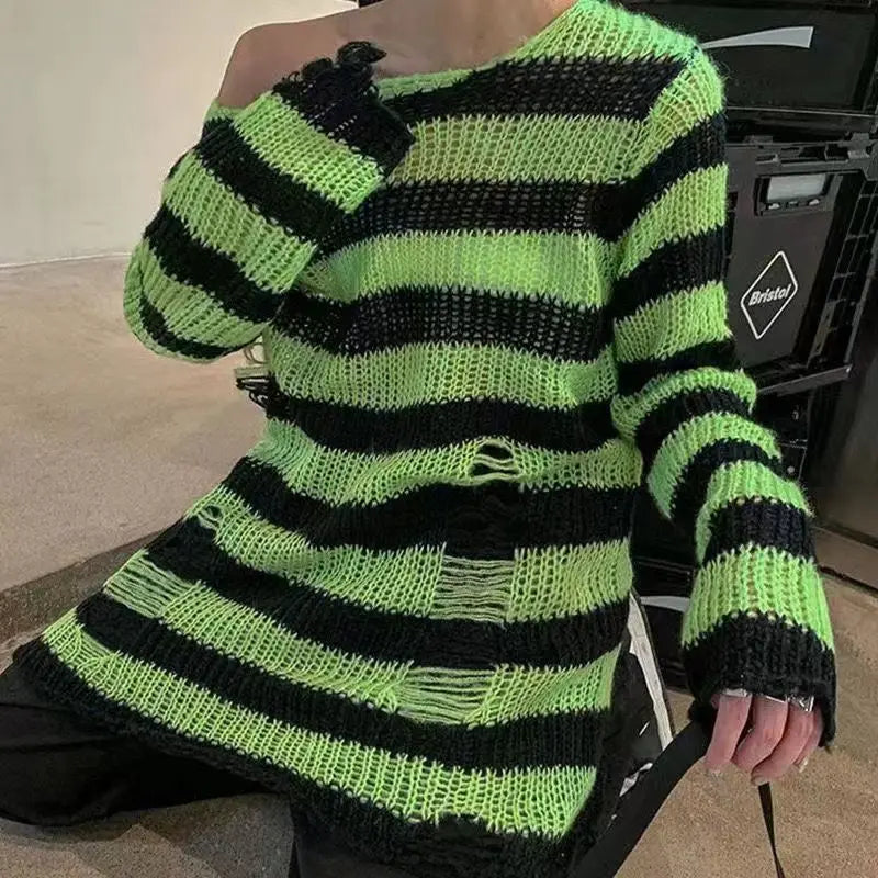Nouveau Pull Long Unisexe Punk Gothique Été Femme Rayé Cool Creux Trou Cassé Pull Ample Rock Fin Sombre Streetwear Top