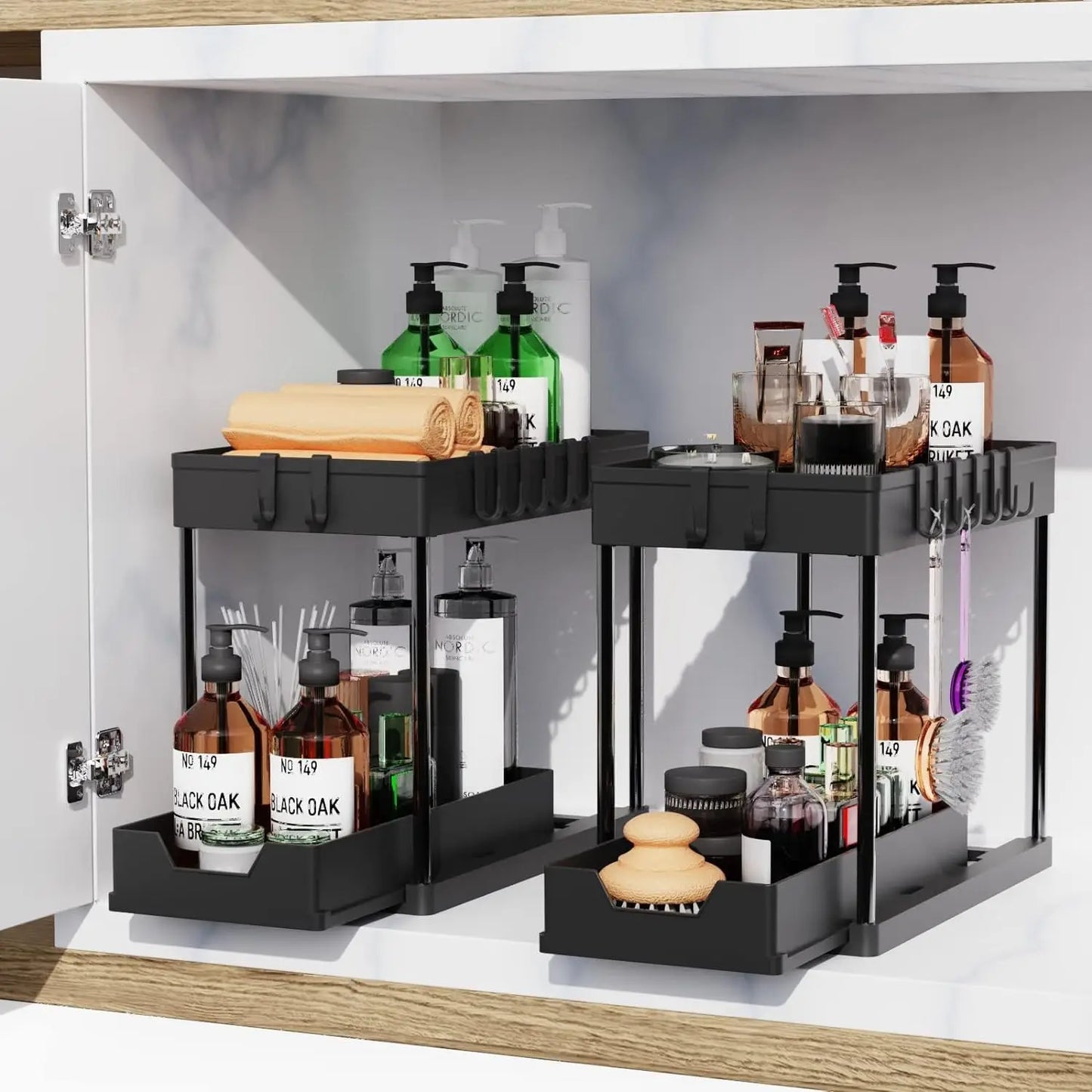 Under Sink Organizers 2 Tier Under Bathroom Cabinet Holder with Hooks & Hanging Cup, Multi-Purpose Storage Shelf for  Kitchen - Shoppiline