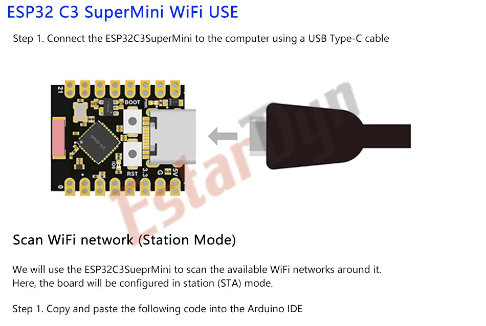 Carte de développement Estardyn ESP32-C3 MINI Carte de développement ESP32 SuperMini = Carte d'extension WiFi Bluetooth de carte de développement