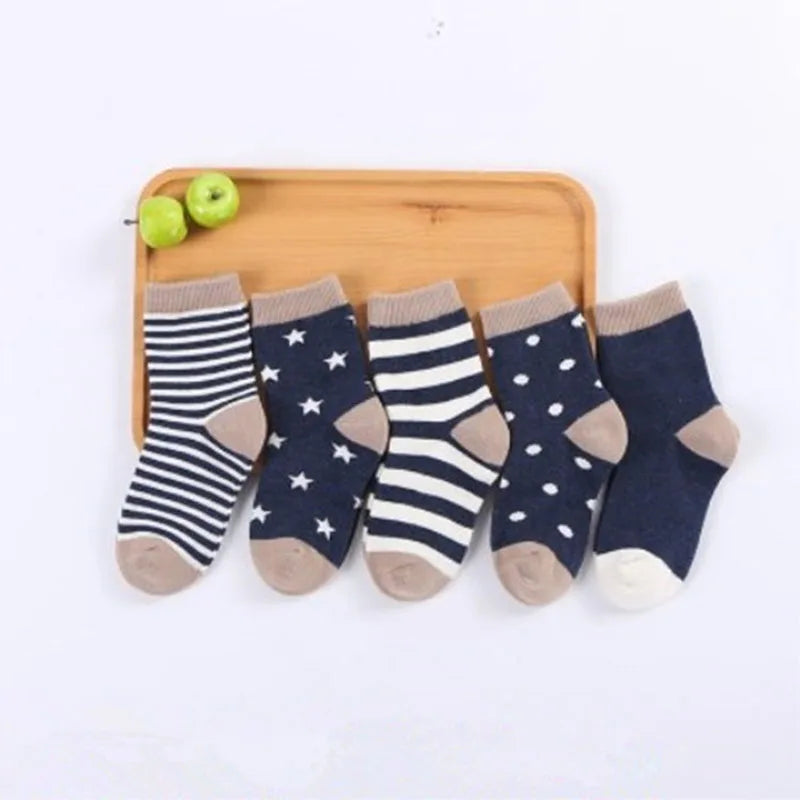 5 Paar Cartoon-Babysocken Frühling Herbst Streifen Punkte Mädchen Jungen Söckchen Weiche Kleinkind Kinder Kurze Socken