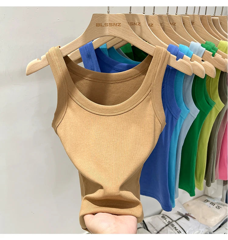 zjaiss Women Solid Round Neck Ribbed Tank Top Camisole Women 2026 Summer Basic Elastic Tank Top O Neck Solid Tank Top