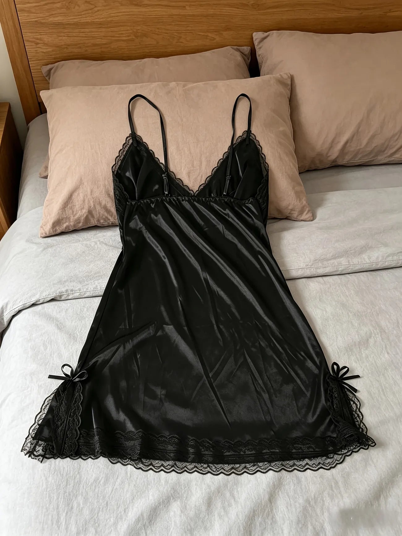 Women Satin Nightgown Lace Trim Spaghetti Strap V Neck Mini Slip Dress Soft Sleepwear Home Pajama Dress