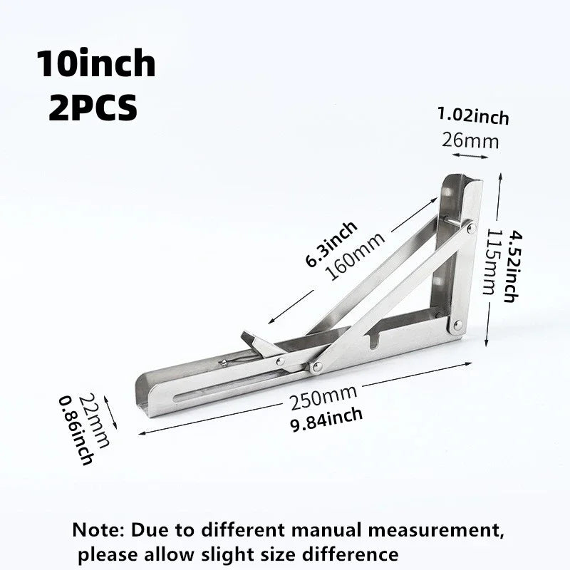 2PCS Heavy Duty Triangle Folding Angle Shelf Bracket Stainless Steel Collapsible Shelf Bracket for Table Work Bench Wall Mounted