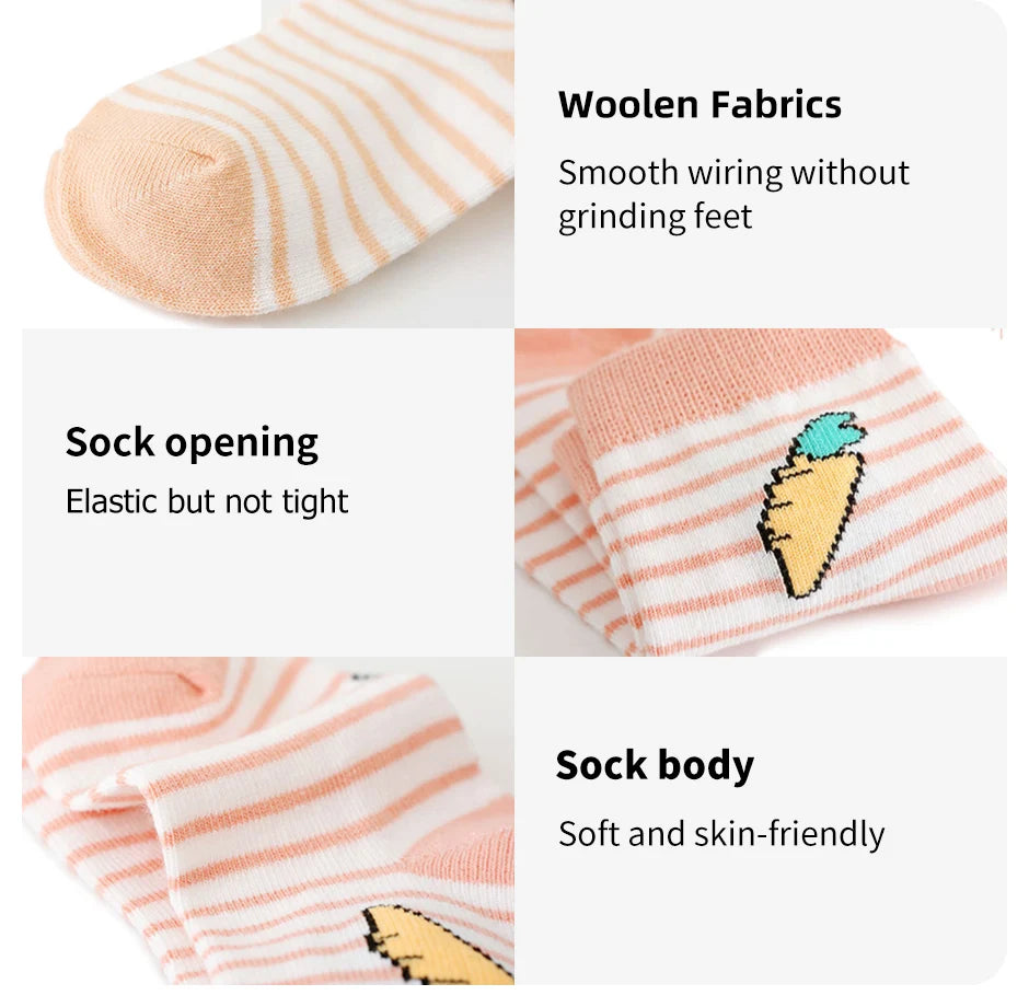 5 Paar Cartoon-Babysocken Frühling Herbst Streifen Punkte Mädchen Jungen Söckchen Weiche Kleinkind Kinder Kurze Socken