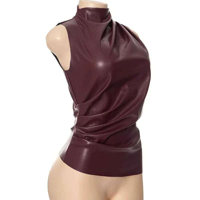 Burgundy Leather Tops Women Fashion Ruched Bodycon Crop Top Summer Sexy Sleeveless Irregular Night Club Party Tanks 2024 Black