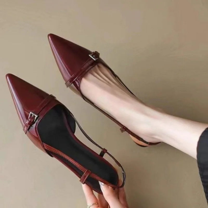 2025 French Pointed Sandals Burgundy Patent Crisscross Straps Metal Decor Slim Heel Open-Back Fairy Sandals
