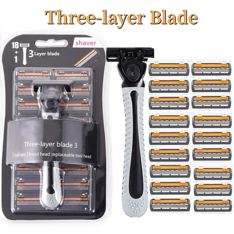 Men's Shaver Stainless Steel Shaving Three Layer Blade Shaver Reusable Razor Imported Blade Professional Barber Shaving Tools