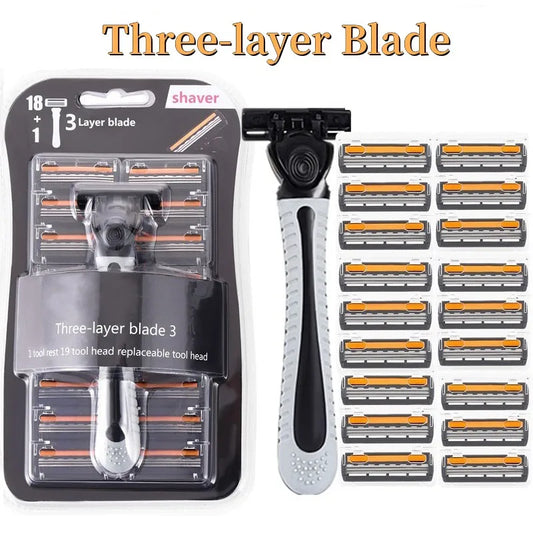 Men's Shaver Stainless Steel Shaving Three Layer Blade Shaver Reusable Razor Imported Blade Professional Barber Shaving Tools