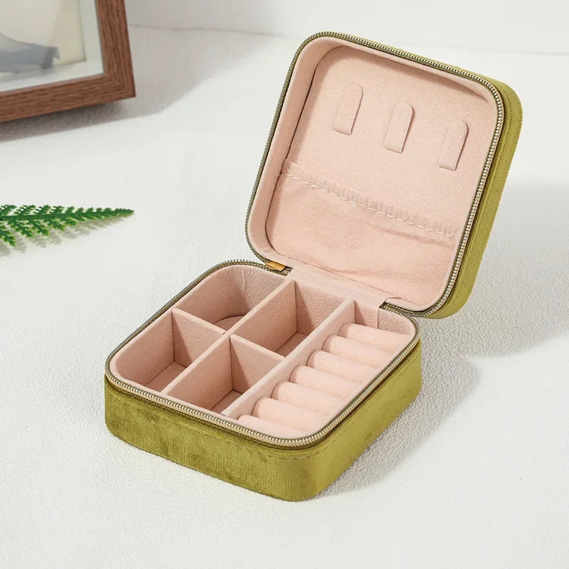 Boîte à bijoux en velours pour femmes, organisateur de colliers, bagues, boucles d'oreilles, étui de rangement portable carré à fermeture éclair