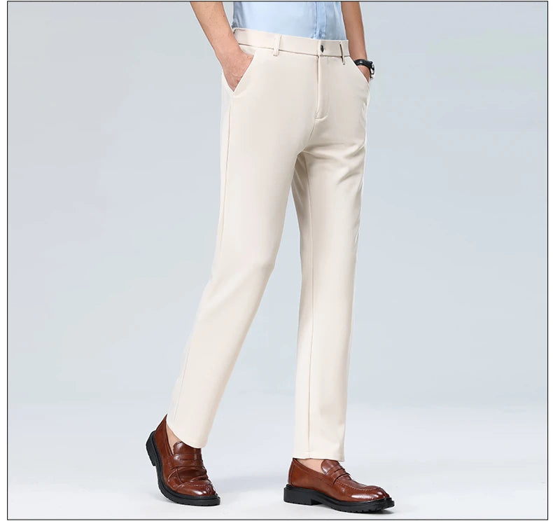 Mens Summer Stretch Straight Leg Business Dress Pants Breathable High Drape Trousers for Business Events