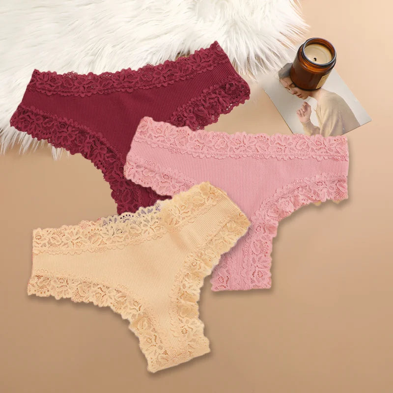 3Pcs/set Women Cotton Panties Floral Lace Intimate Underwear Trendy Patchwork Lace Briefs Female Soft Underpants Lingerie S-XL