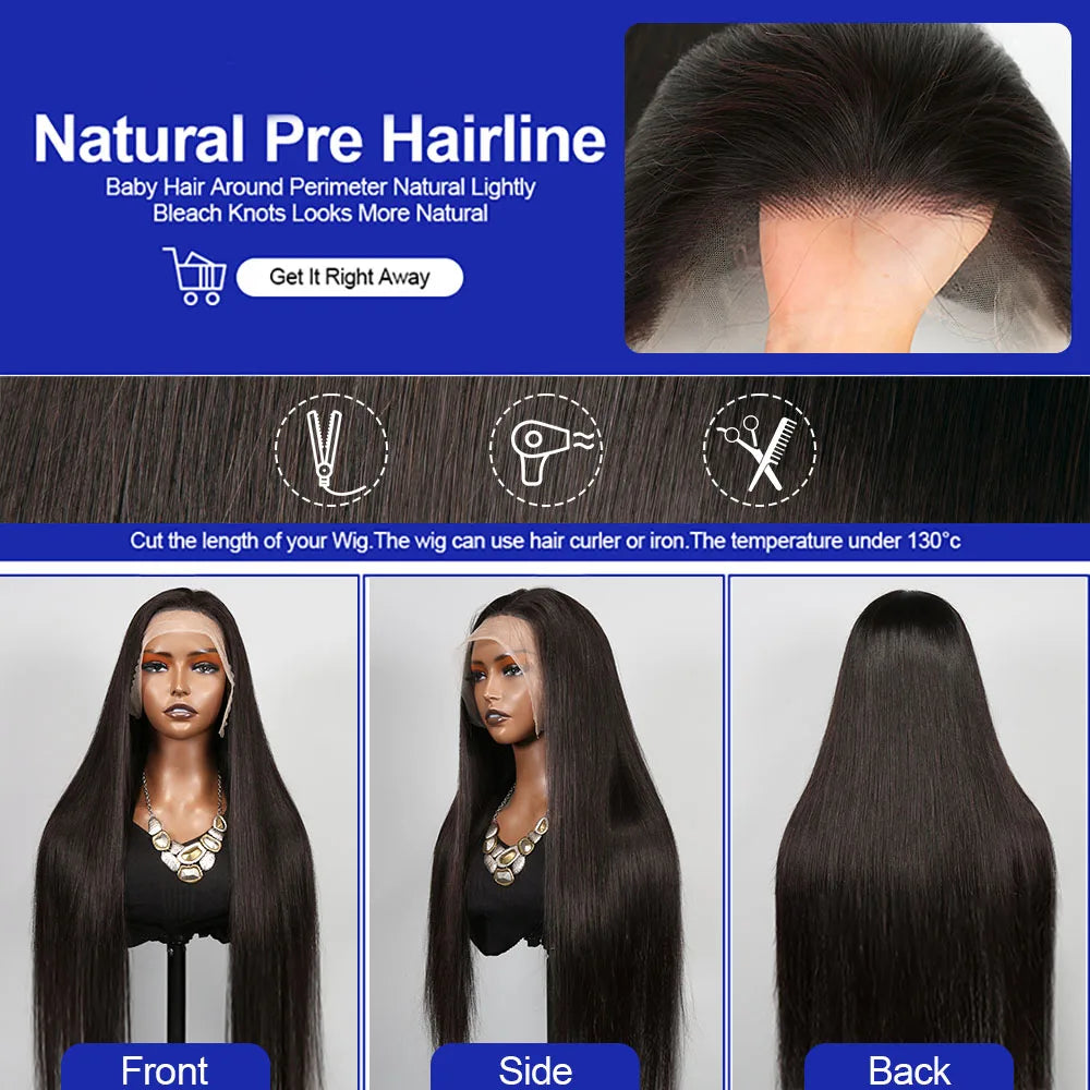 40 Inch Bone Straight Human Hair Wig 13x4 13x6 HD Transparent Lace Wigs Brazilian Full Lace Frontal Wig For Women 300% Density