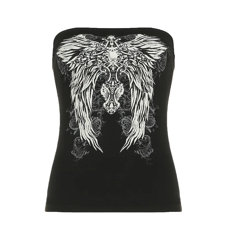 Gothic Print Black Strapless Tube Top Women Skinny Cropped Summer Casual Chic Graphic Tee Y2K Streetwear Basic Vest