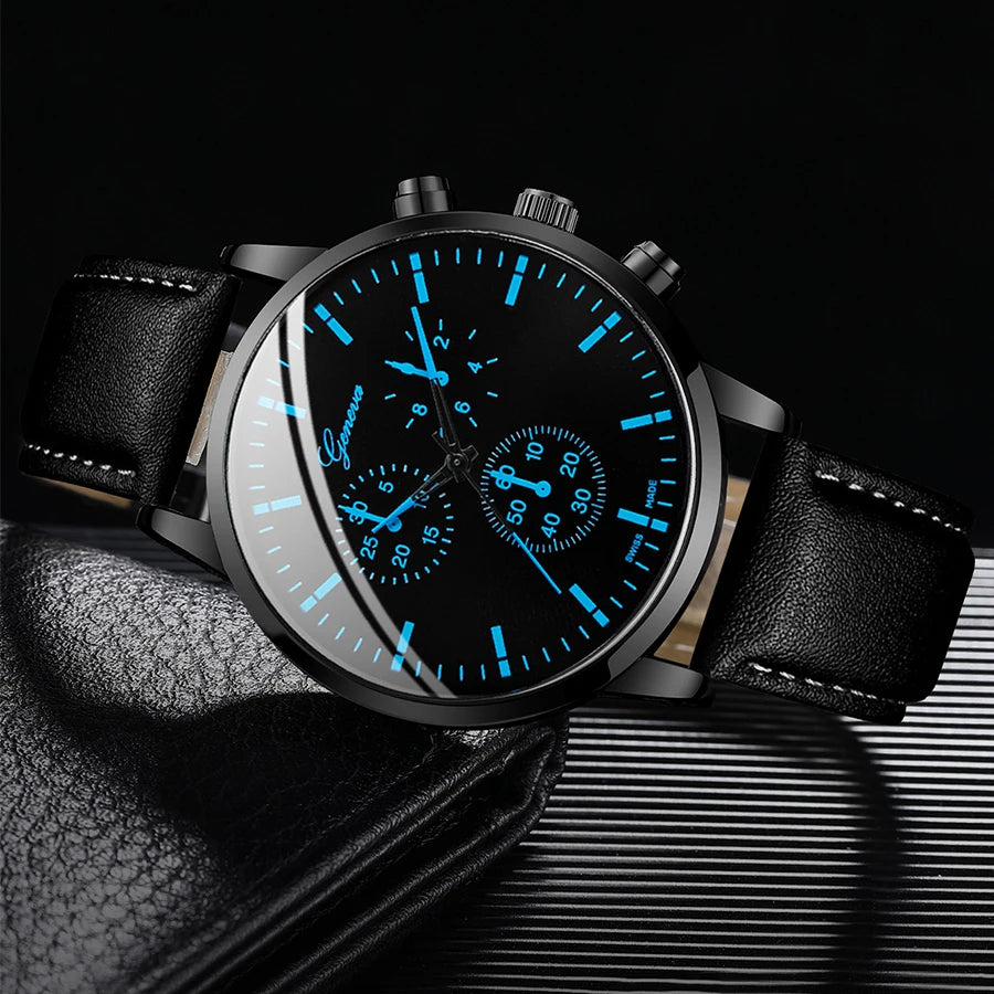 3-teiliges Set Herren Business Uhren Lässiges Lederarmband Analog Quarz Armbanduhr Herren Halskette Armband Set