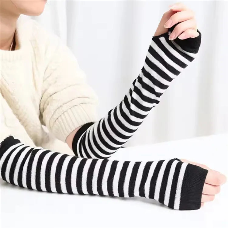 Striped Fingerless Gloves Arm Warmers Cotton Elbow Protection Warm Bracelet Gloves for Cold Weather Daily Casual Outdoor Wear