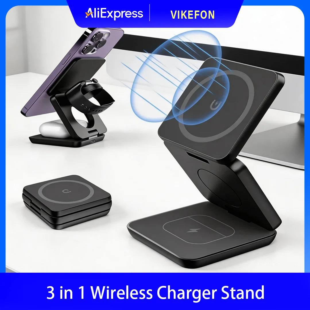 Wireless Charger 3 in 1 Foldable Fast Chaging Station For Magsafe iPhone 16~12 Pro Max iWatch 10/9/8/7/6/5/4/3/2 AirPods 4/3 Pro - Shoppiline