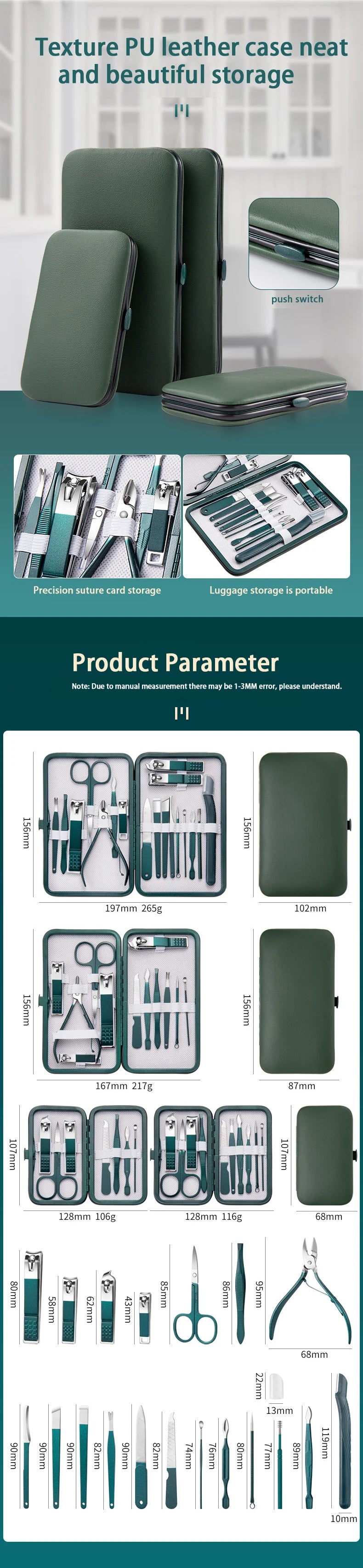 Ouriner 6-18tlg. Tragbare Maniküre-Sets Pediküre-Sets Glänzendes Schwarzes Nagelknipser-Set Persönliche Pflege Werkzeuge Augenbrauenschere