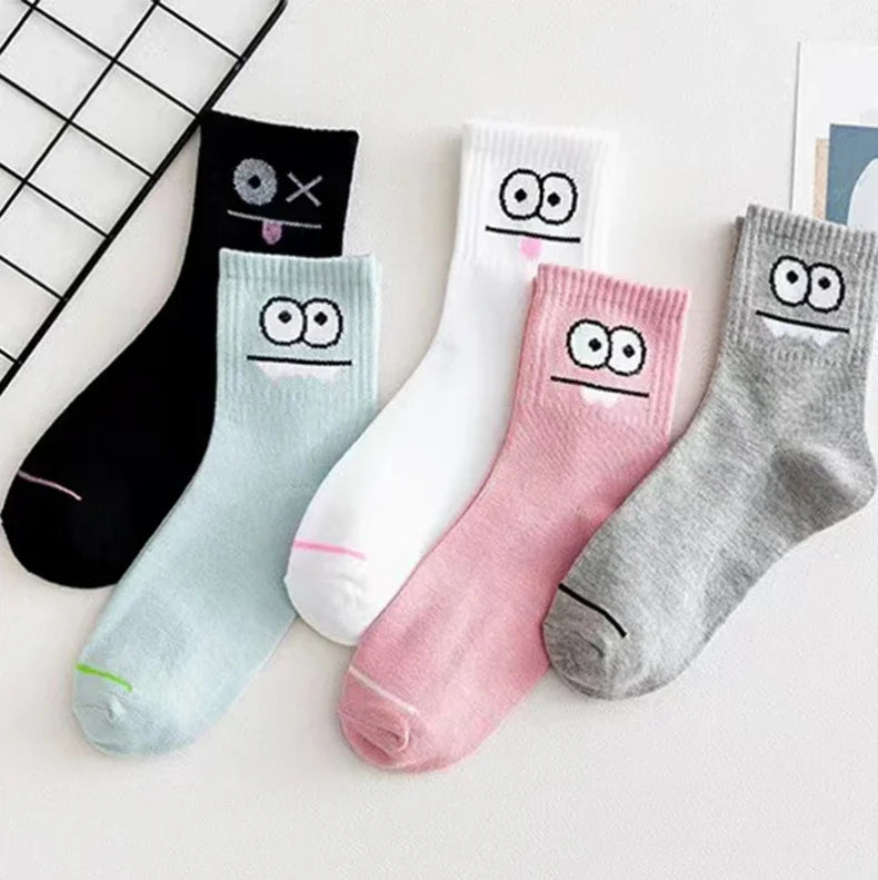 5 Pairs Cute Expression Print Socks – Comfy Funny Mid-Calf Crew Socks, All-Match Women’s Cotton Rich Casual Socks