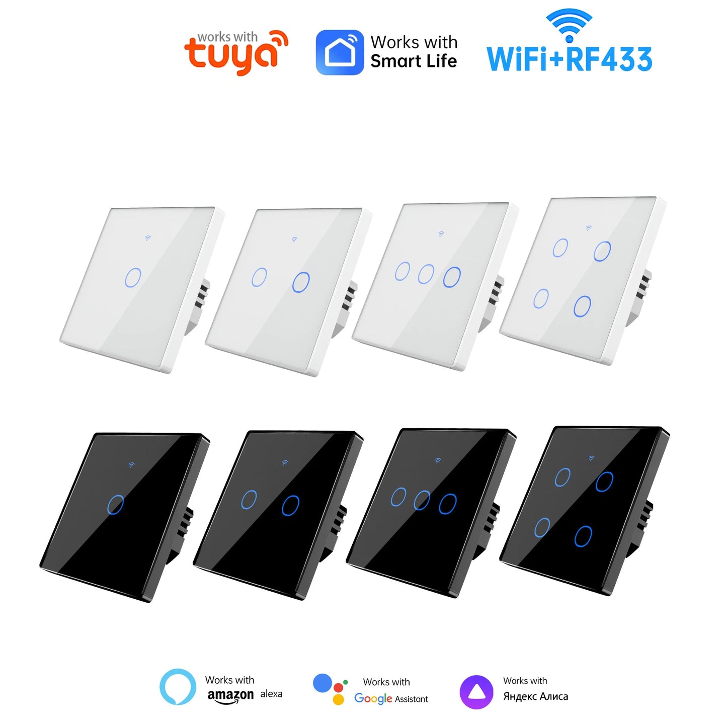 EU WiFi RF 433mhz Smart Wireless Touch Wall Light 1/2/3/4 Gang with Switch with no Neutral EUWork With Tuya Alexa Google