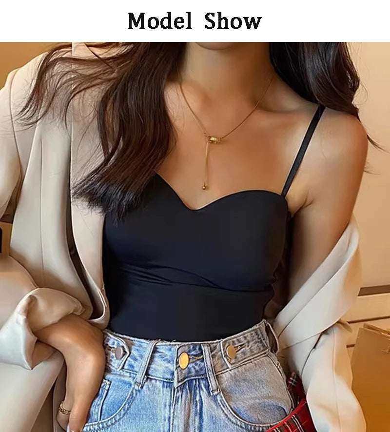 Aishang Ladies Thin Ice Silk Traceless Vest French Back Camisole Integrated Fixed Cup Inside Match Outside Wear Spice Wrap Chest
