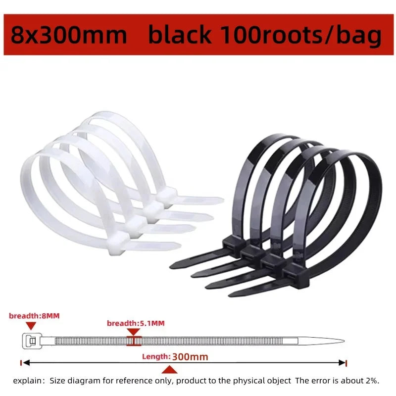 100PCS Plastic Nylon Cable Ties Self-locking Cord Ties Straps Adjustable Cables Fastening Loop Home Office Wire Zip Ties