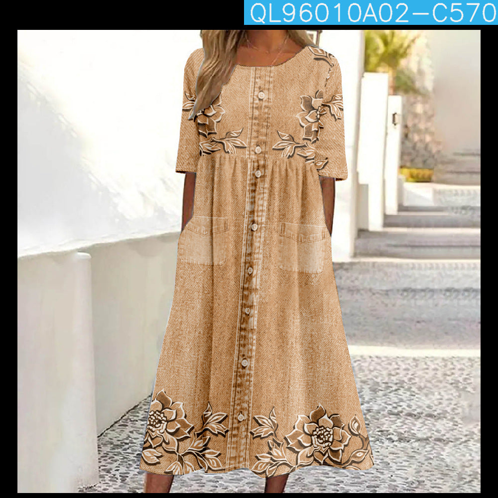 Womens Casual Round-Neck Printed Swing Dress