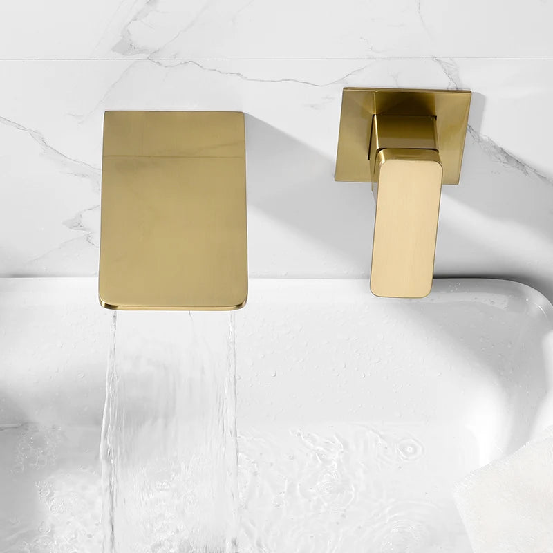 Brushed Gold Uncoated Brass Bathtub Shower Faucet Brass Material Waterfall Bathtub Tap Mixer Set