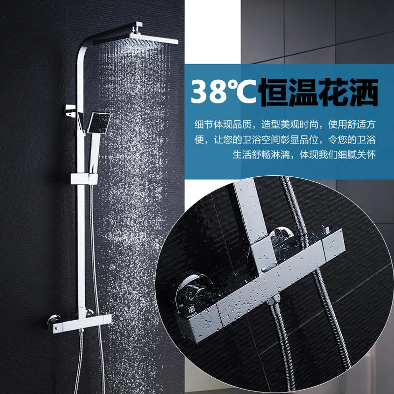 Classic Style Thermostatic Bathroom Rainshower Kits Dual Handle Faucets Square Design Chrome Finished Copper Material