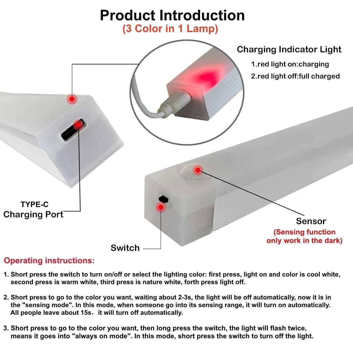 AITHEA USB Rechargeable PIR Motion Sensor LED Bar Lights Dimmable Detector Night Light Portable Induction Cabinet Lamp for Room - Shoppiline