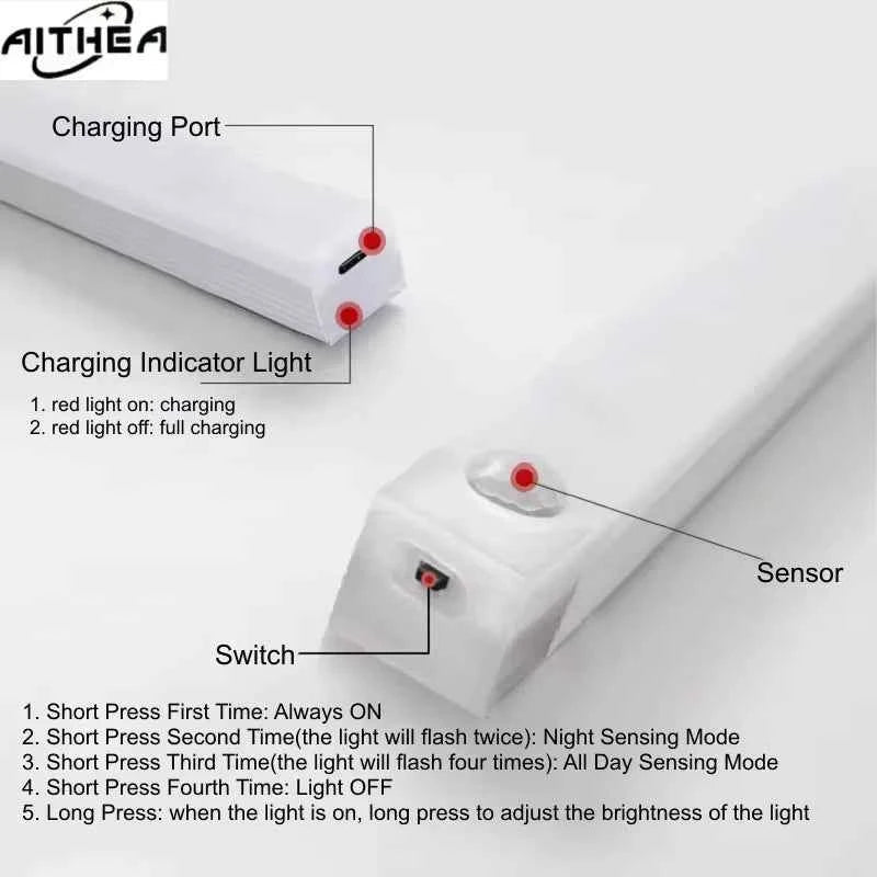 AITHEA USB Rechargeable PIR Motion Sensor LED Bar Lights Dimmable Detector Night Light Portable Induction Cabinet Lamp for Room - Shoppiline