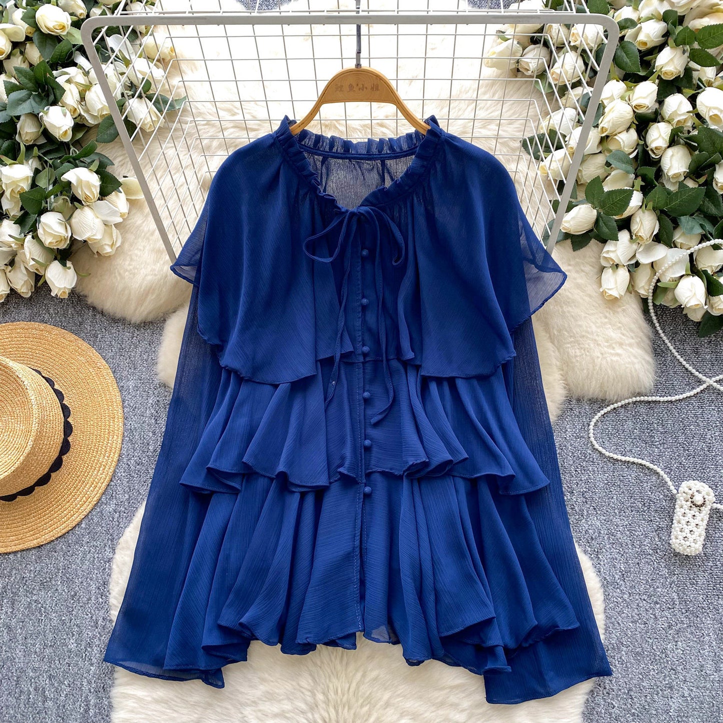 Women's Loose-Fitting Lace-Up Ruffle-Trimmed Chiffon Shirt