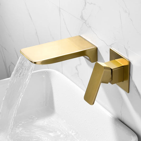 Brushed Gold Uncoated Brass Bathtub Shower Faucet Brass Material Waterfall Bathtub Tap Mixer Set