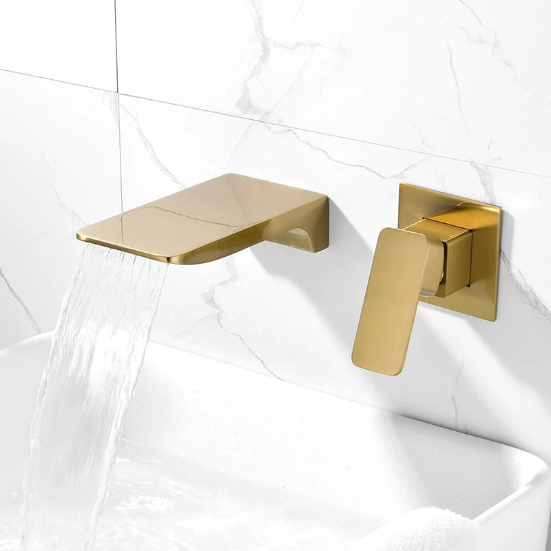 Brushed Gold Uncoated Brass Bathtub Shower Faucet Brass Material Waterfall Bathtub Tap Mixer Set