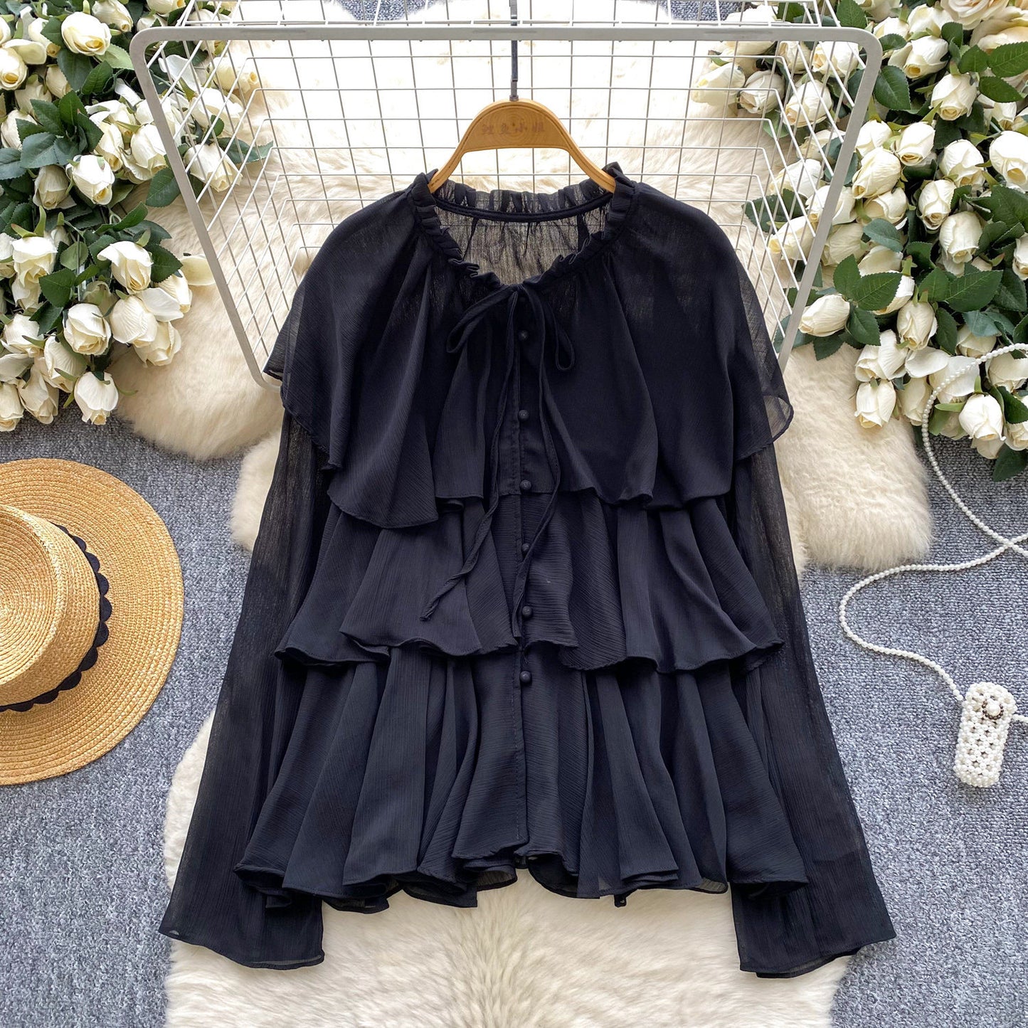 Women's Loose-Fitting Lace-Up Ruffle-Trimmed Chiffon Shirt