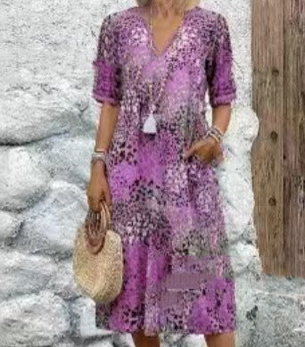 Lace V-neck Short-sleeve Dress For Women