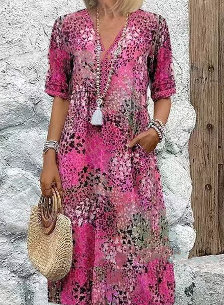 Lace V-neck Short-sleeve Dress For Women