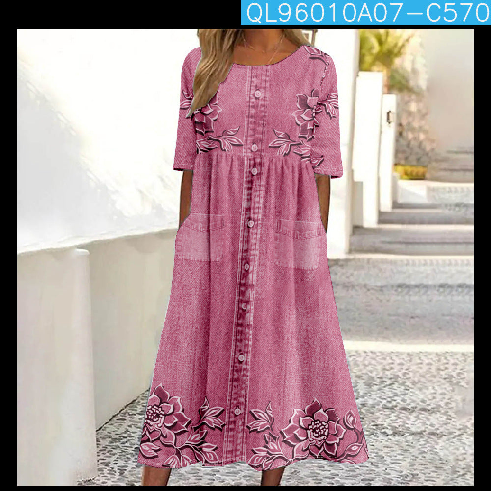 Womens Casual Round-Neck Printed Swing Dress