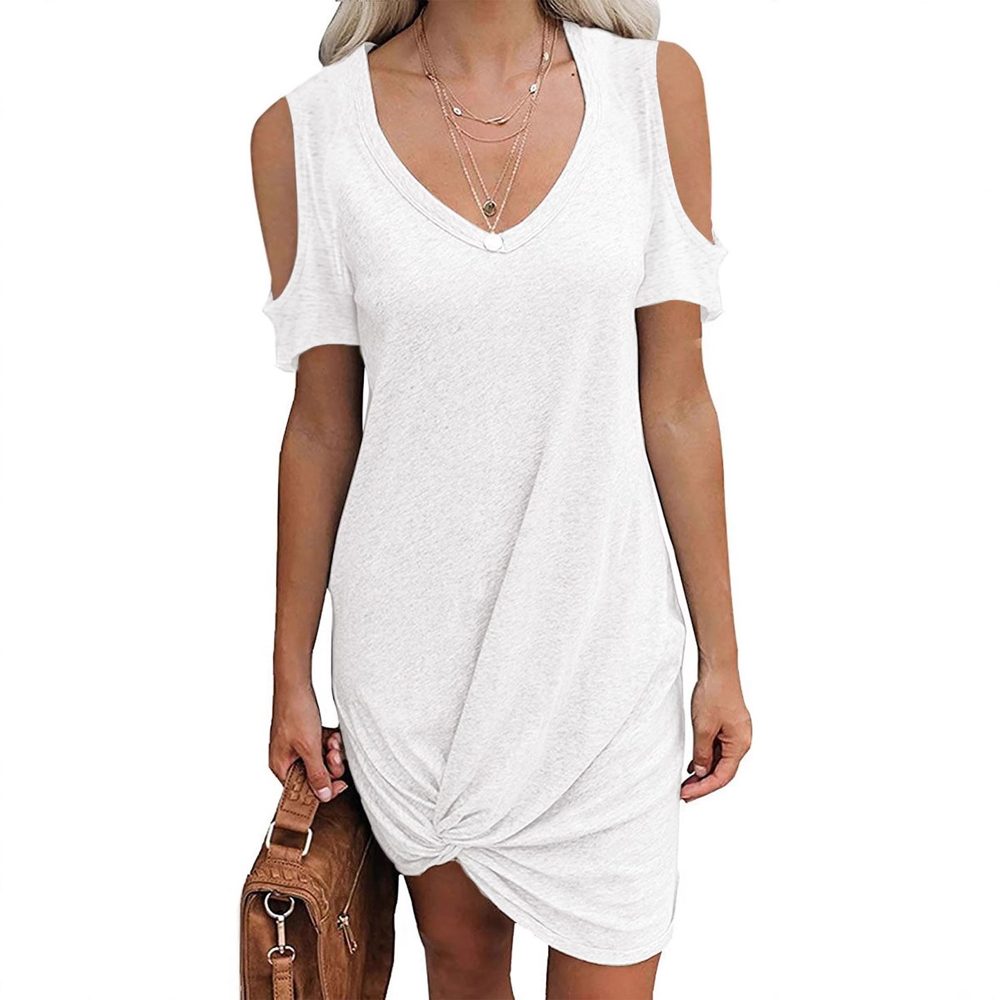 Solid-color Springsummer Off-shoulder Twisted T-shirt Dress Womens Clothing