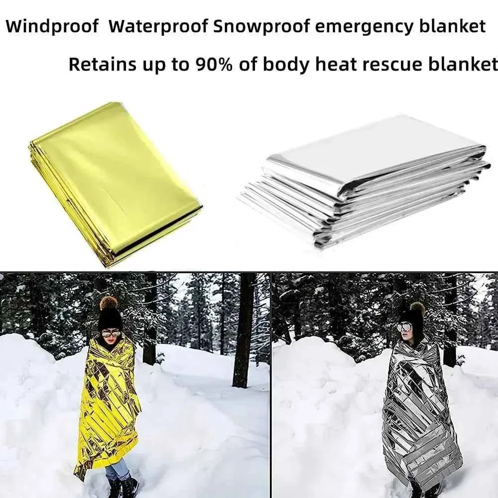 Emergency Thermal Poncho Blanket Lightweight Folding Water Resistant Windproof Sunshade Reusable First Aid Camping Mat Pad Cover - Shoppiline