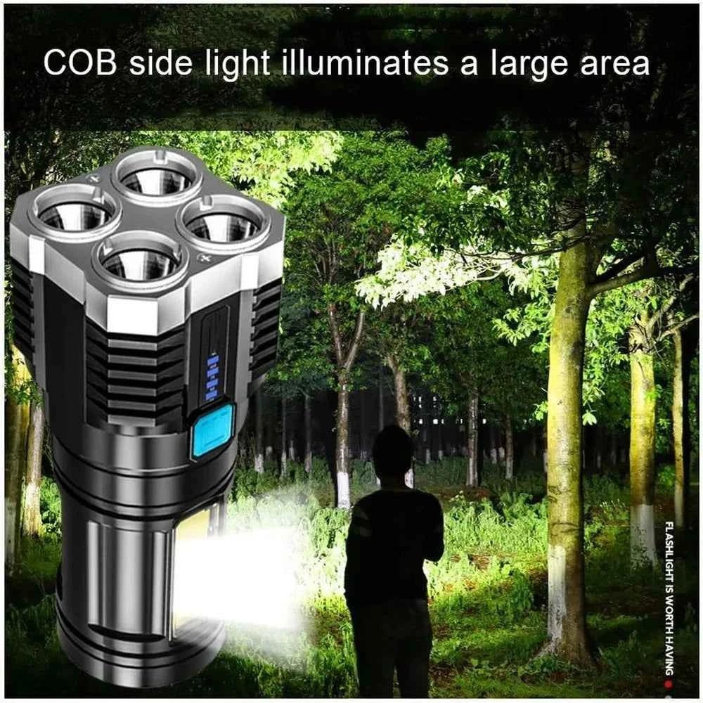 High Power LED Flashlights Camping Torch With 4 Lamp Beads And COB Side Light Rechargeable Portable Hand Lantern 4 Lighting Mode - Shoppiline