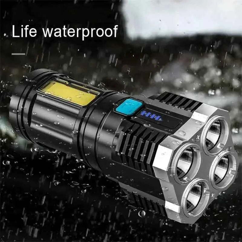 High Power LED Flashlights Camping Torch With 4 Lamp Beads And COB Side Light Rechargeable Portable Hand Lantern 4 Lighting Mode - Shoppiline