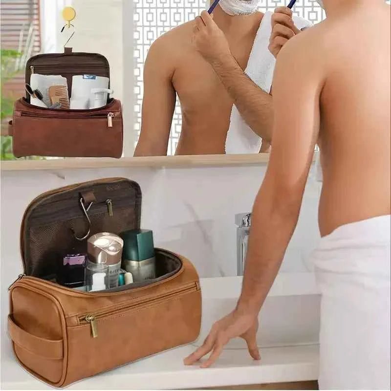 Large Leather Toiletry Bag Hanging Dopp Kit for Men Women Waterproof Wash Bag Cosmetic Storage Bag Ideal for Traveling & Outdoor - Shoppiline
