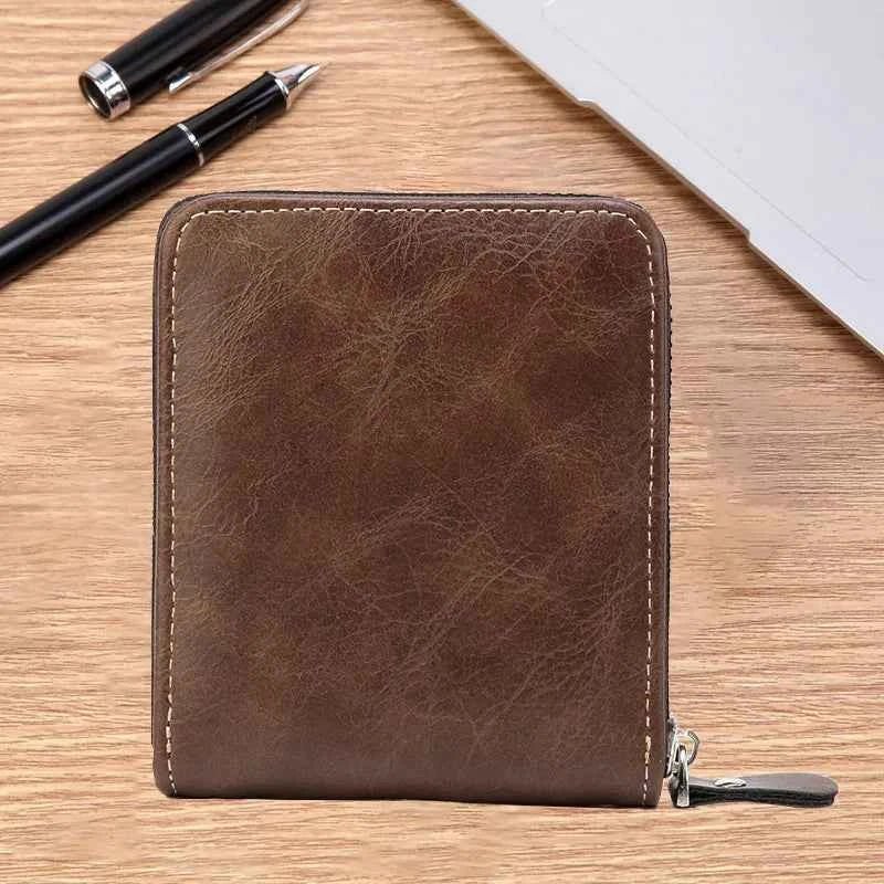 Men's PU Waxed Oil Leather Wallet Short Bifold Coin Purse with All - Around Zipper for Cash And Cards - Shoppiline