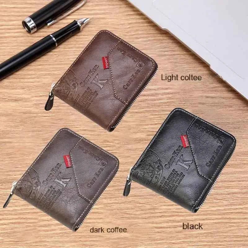 Men's PU Waxed Oil Leather Wallet Short Bifold Coin Purse with All - Around Zipper for Cash And Cards - Shoppiline