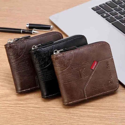 Men's PU Waxed Oil Leather Wallet Short Bifold Coin Purse with All - Around Zipper for Cash And Cards - Shoppiline