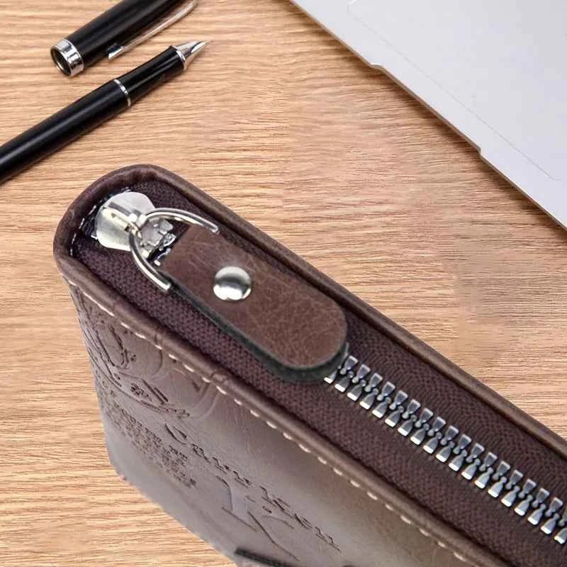 Men's PU Waxed Oil Leather Wallet Short Bifold Coin Purse with All - Around Zipper for Cash And Cards - Shoppiline