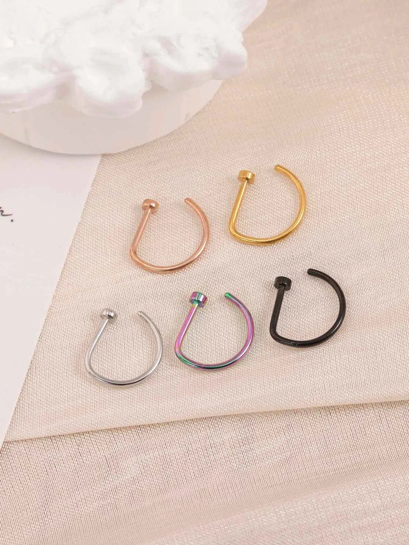 New Curved Barbells Fake Nose Piercing D Shaped Tragus Helix Stud Earring Hoop Septum Stainless Steel Ring Nostril Body Jewelry - Shoppiline